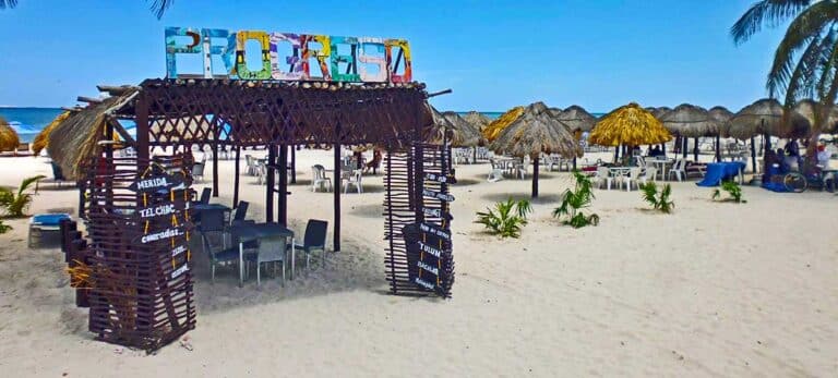 Things to do in Progreso a palapa and sign on the beach