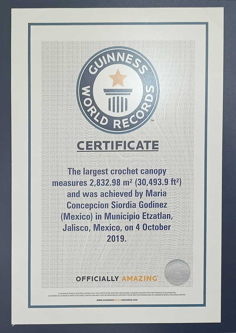 Etzatlan Guinness World Certificate for crochet canopy