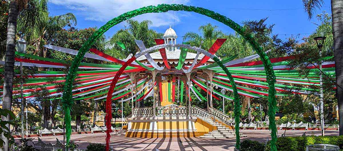 Etzatlan Main Plaza with bunting and flags