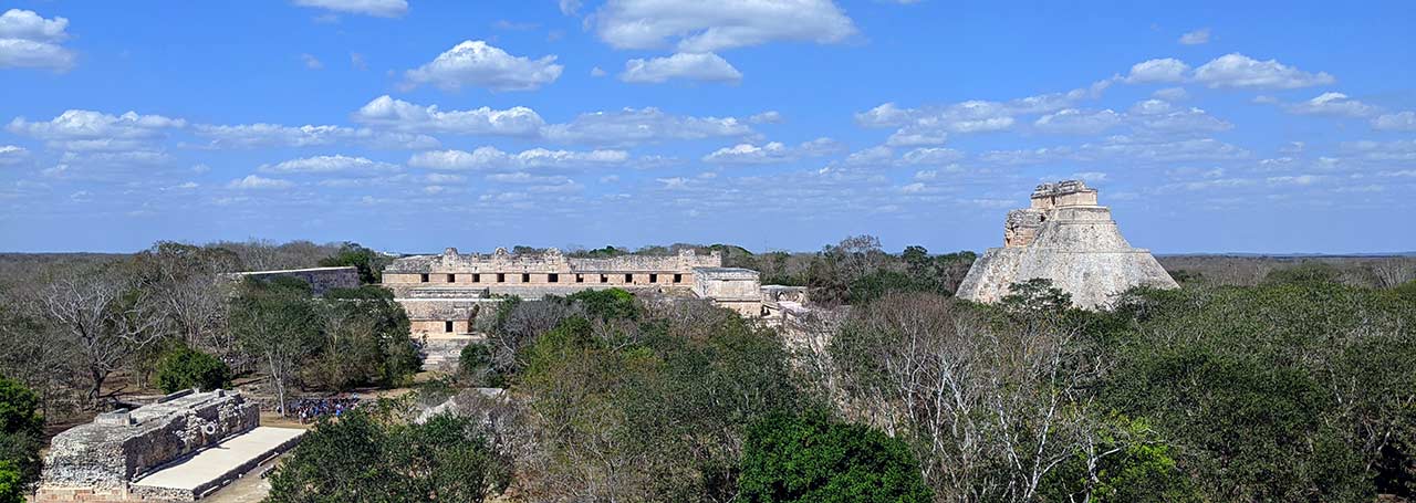 A long view of the Uxmal archaeological Mayan site