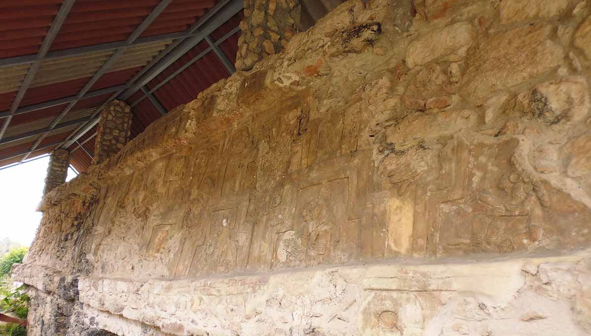 Frieze in the Palace of Stuccoes at Acanceh Mayan Ruins